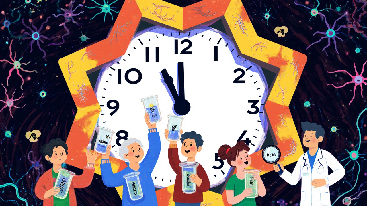 A clock made of metformin tablets with spinal cord hands counting down, patients holding test tubes of B12 levels, a doctor examining with a calcium-shaped magnifier.