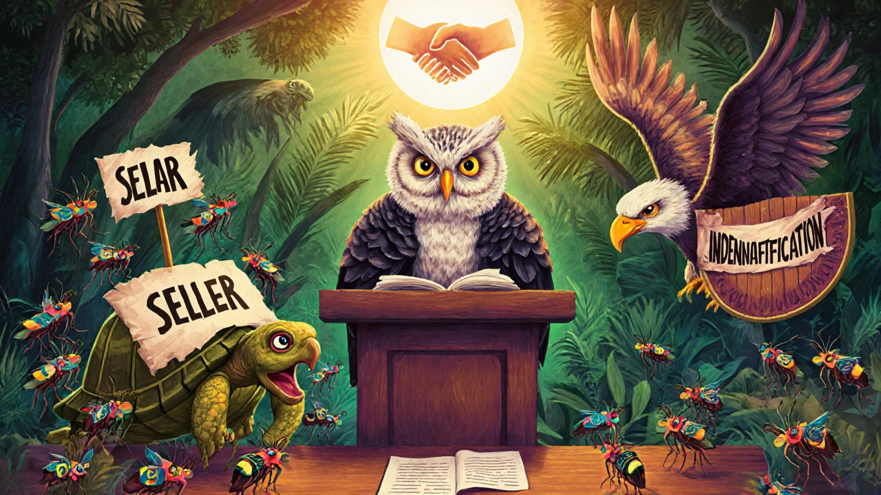 A courtroom jungle where an owl judge presides over a seller&#039;s insect swarm and a buyer&#039;s eagle shield.