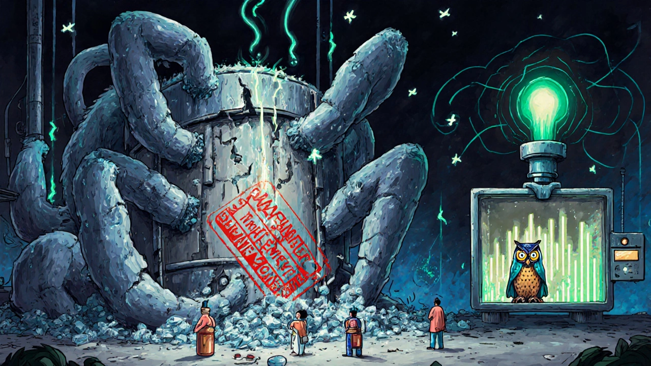 A crumbling freeze-dryer monster collapses under a warning stamp, while patients hold medicine bottles and data fireflies rise.