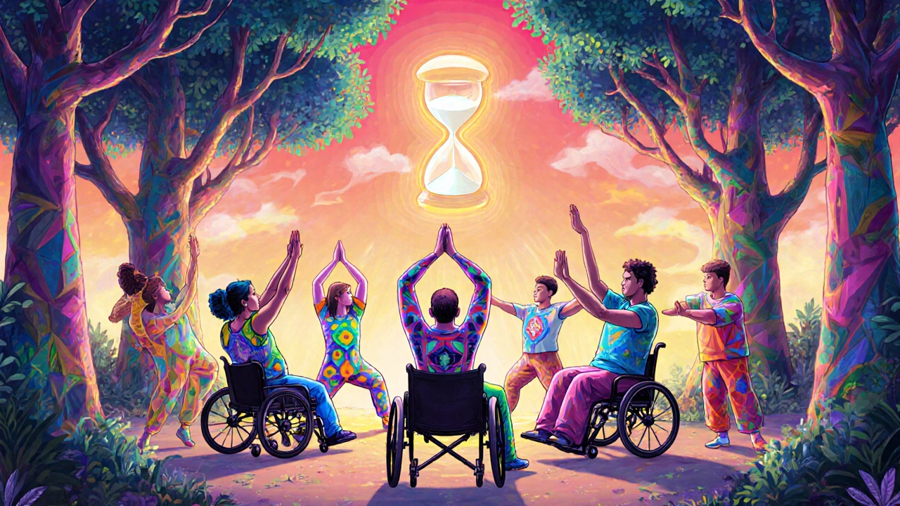 A diverse group practicing seated yoga and tai chi under a glowing tree canopy, with colorful patterns symbolizing healing.