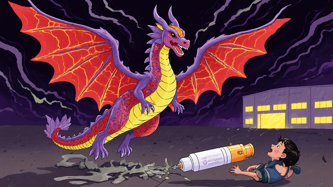 A dragon-like EpiPen flies through a storm to save a child, while a broken expired one lies ruined below.