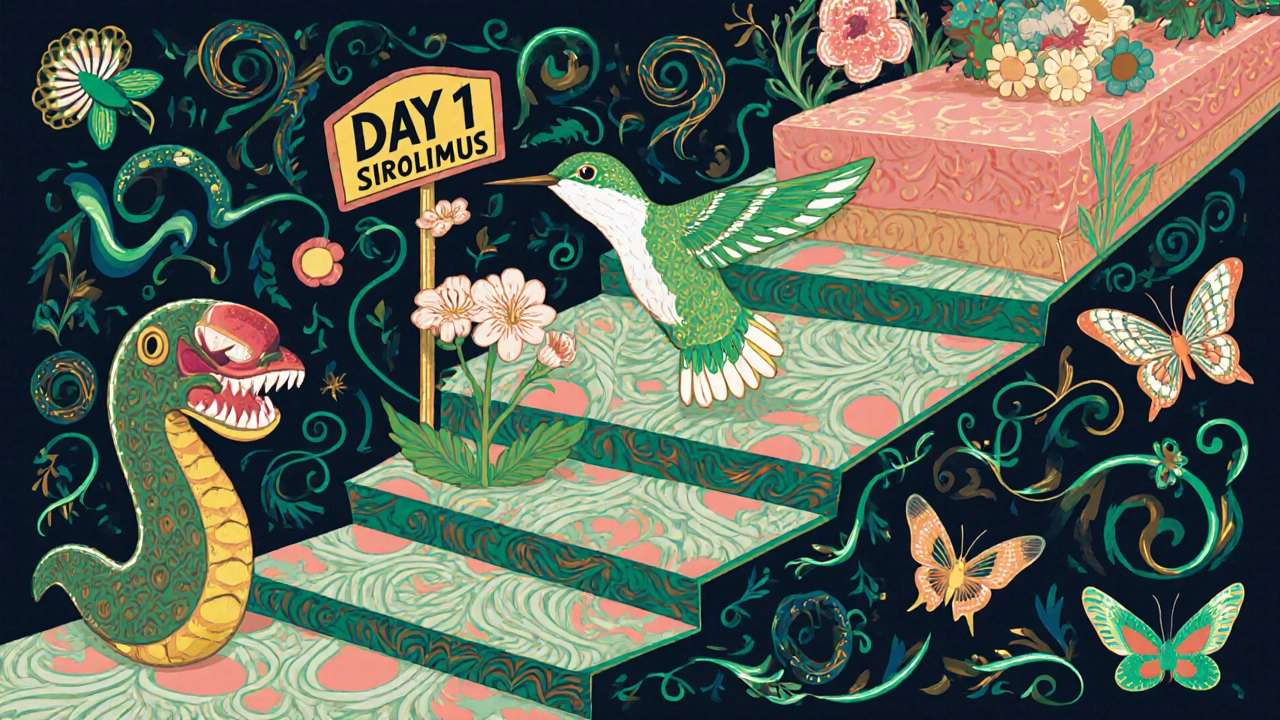 A healing staircase with sirolimus as a serpent, hummingbird, and finally butterflies, glowing with nutrients and alebrije patterns.