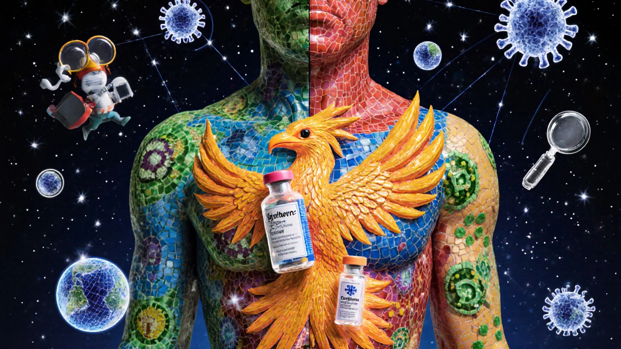 A human body transformed into a mosaic showing vaccine protection overpowering an allergic reaction monster.