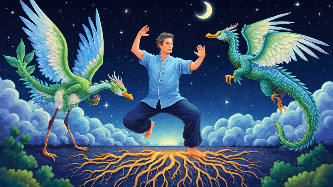 A man performing tai chi with mythical creatures beside him, representing balance and nervous system calm.