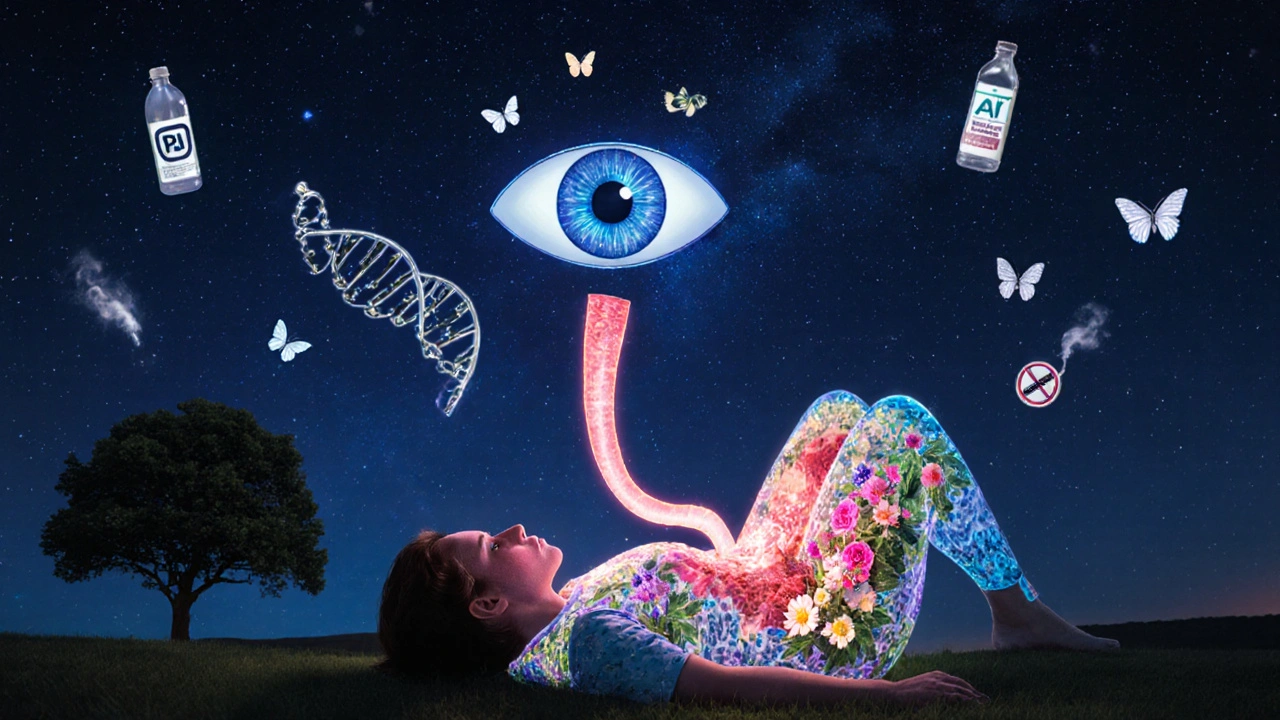 A patient at peace with an healed esophagus blooming with life, surrounded by symbols of AI and lifestyle recovery.