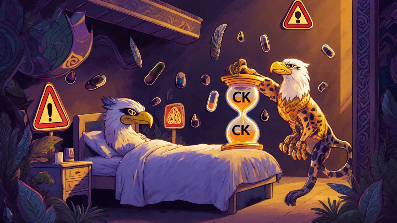 A patient on a mystical bed guarded by a spirit holding an hourglass of CK levels, with floating warning symbols in Alebrije art.