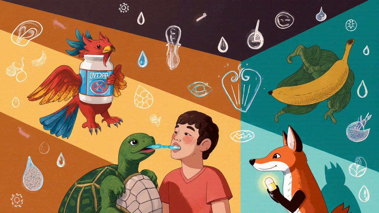 A patient receiving buprenorphine in a clinic, guarded by symbolic alebrije creatures representing healing, assessment, and sleep support.