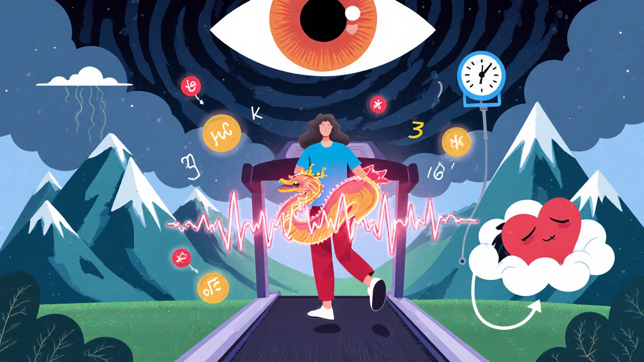 A person walking on a surreal treadmill as their heartbeat becomes a dragon-shaped ECG wave.
