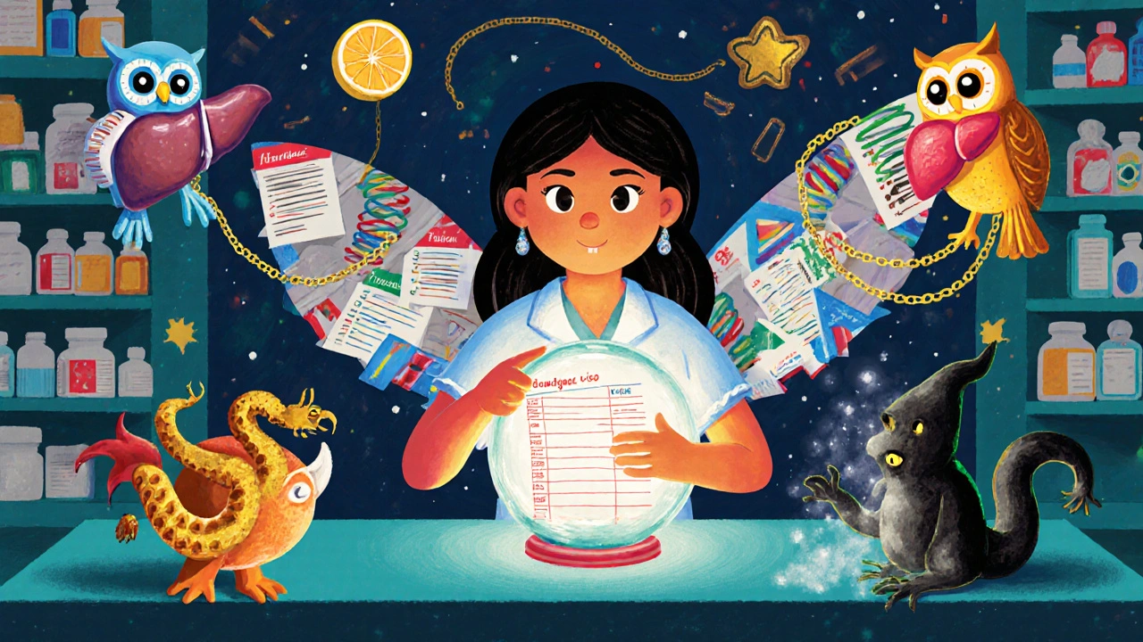 A pharmacist with wings scans medications through a glowing orb, while magical guardians neutralize dangerous drug interactions.