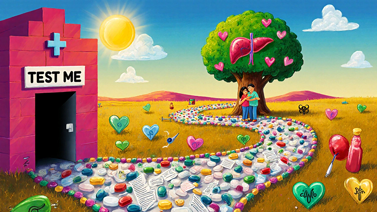 A pill-shaped road leads from a clinic to a family hugging under a liver-shaped tree, with healing symbols as enchanted totems.