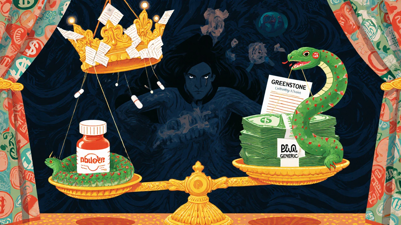 A scale balancing medicine and cash, with a serpent made of brand logos pulling the money side down in Alebrije art style.