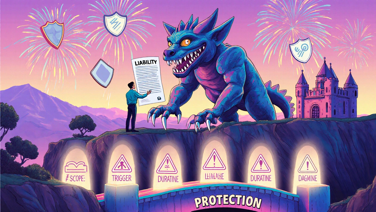 A small business owner crossing a bridge of legal clauses while a looming liability beast towers behind.