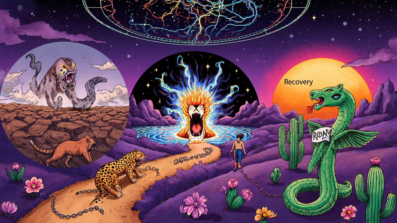 A surreal path showing the three stages of opioid withdrawal, transitioning from chaos to calm, illustrated in vibrant Alebrije style.