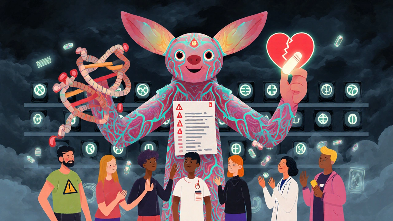 A towering alebrije spirit made of medical charts and blood vessels, looming over diverse patients with glowing safety glyphs above them.
