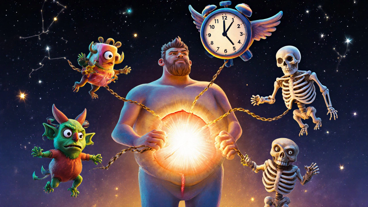 A transplant patient surrounded by risk-factor spirits pulling on a surgical incision, watched over by a wise surgeon owl.