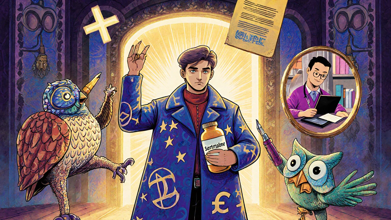 A traveler receives medication in Paris surrounded by friendly hybrid creatures, with a glowing WHO document above.