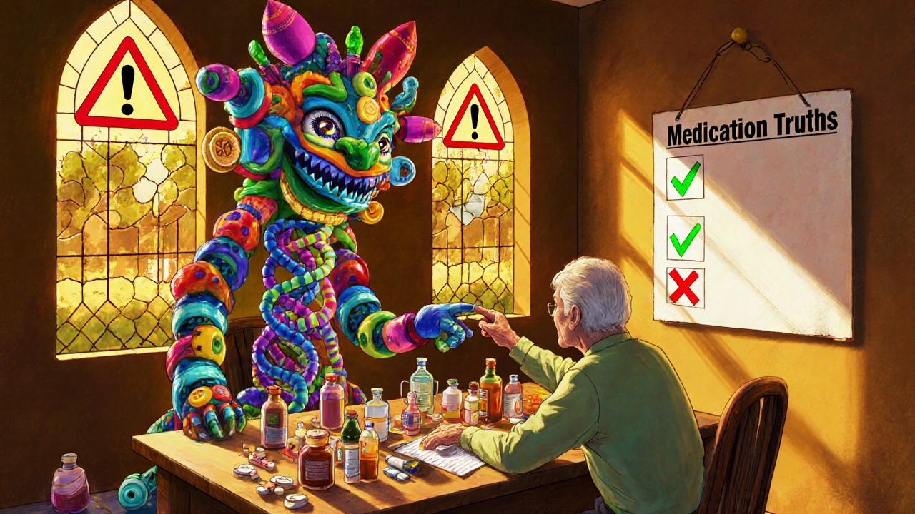 An elderly person at a kitchen table with pills and supplements, watched over by a medical-themed alebrije spirit with a checklist.