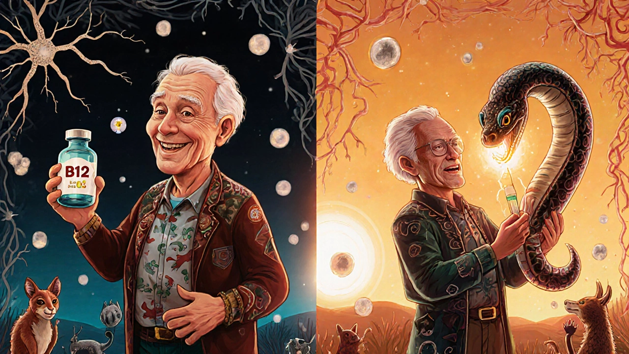 An elderly person receiving a glowing B12 injection from a calcium-scaled serpent, while a dim multivitamin lies beside them, symbolizing effective treatment.