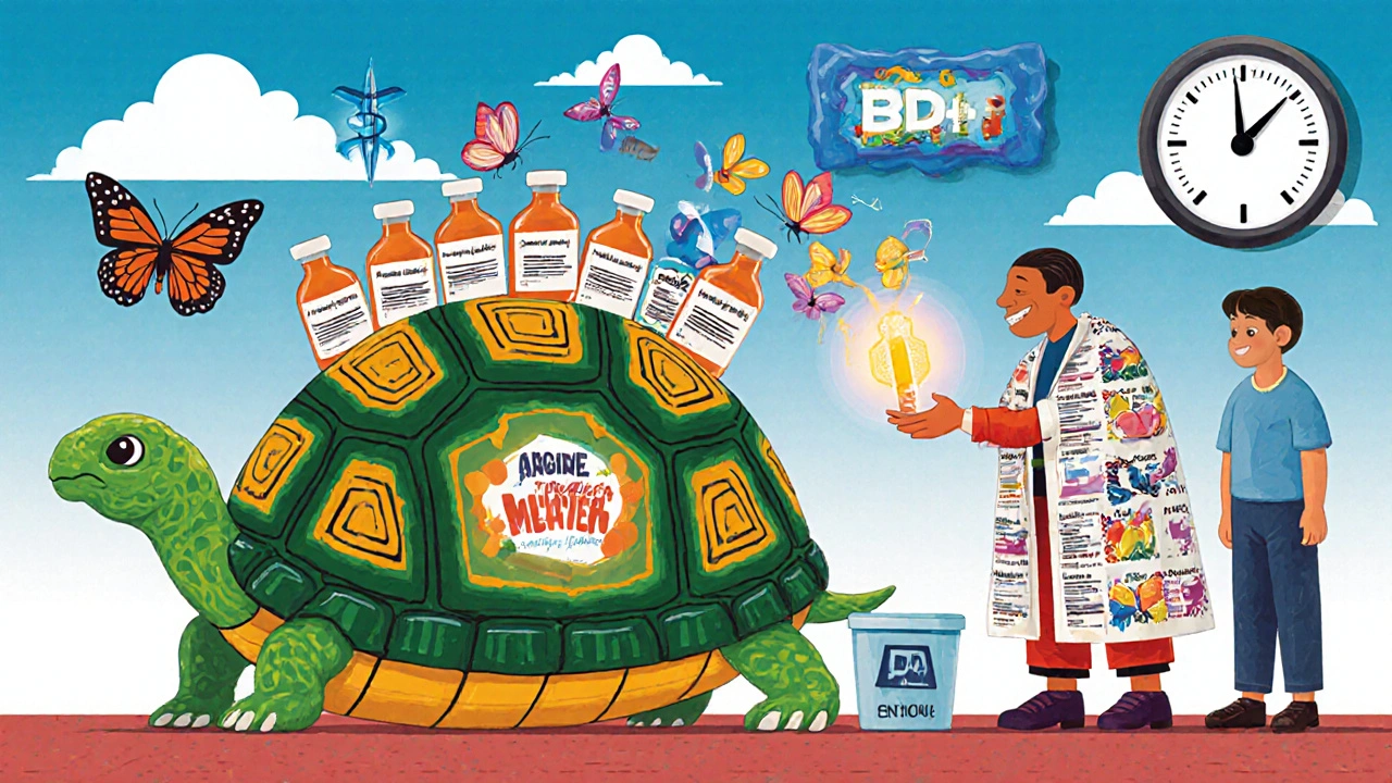 Community pharmacy with turtle-shaped take-back bin and pills turning into butterflies in Alebrije style.