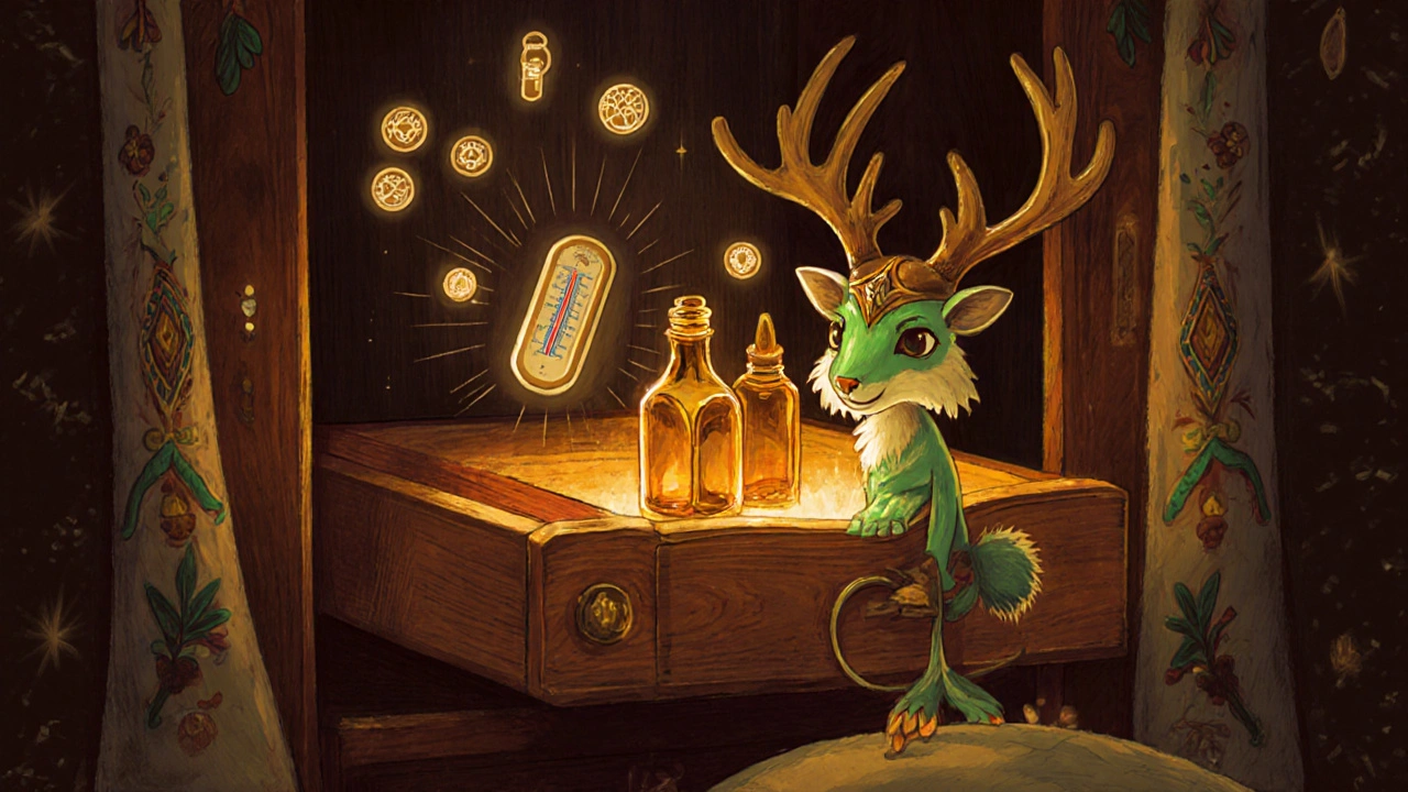 Cozy closet with glowing medicine drawer protected by a mythical guardian in Alebrije art style.