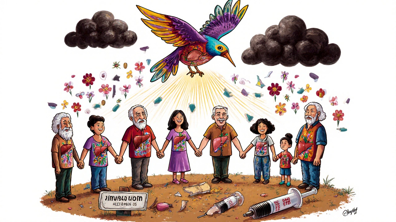 Diverse people with glowing healthy livers, held together by a pill-feathered alebrije bird transforming dark clouds into flowers.