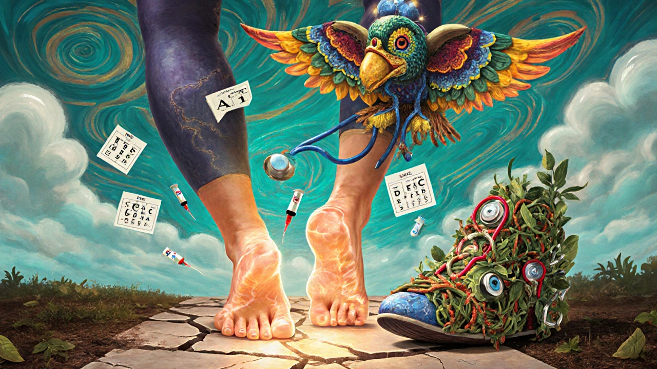 Glowing feet walking on a healing path, one protected by a magical shoe, with a spirit-bird dropping medication seeds in Alebrije art style.