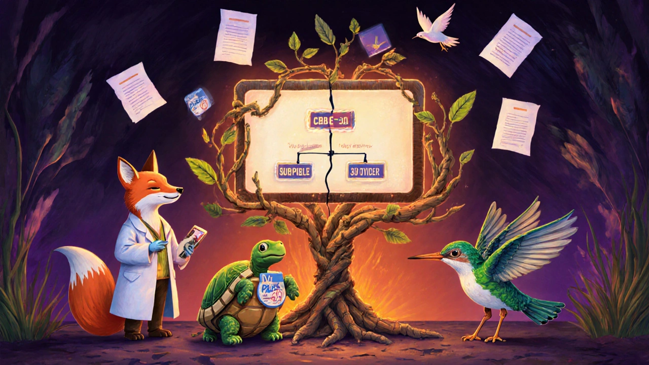 Mythical team creatures gather around a glowing decision tree chart, with floating tablets labeled CBE-30 and PAS.