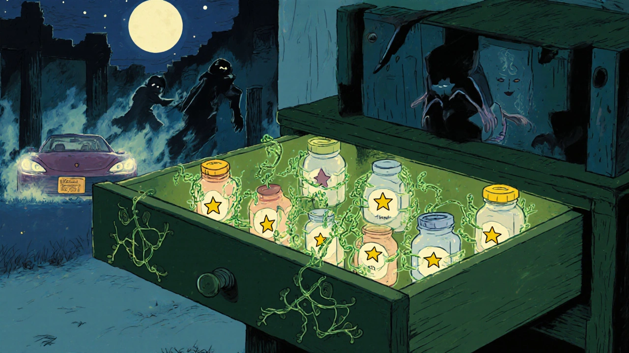 Orderly pill bottles glow safely in a bedroom drawer, while a hot car and bathroom crumble in darkness outside.