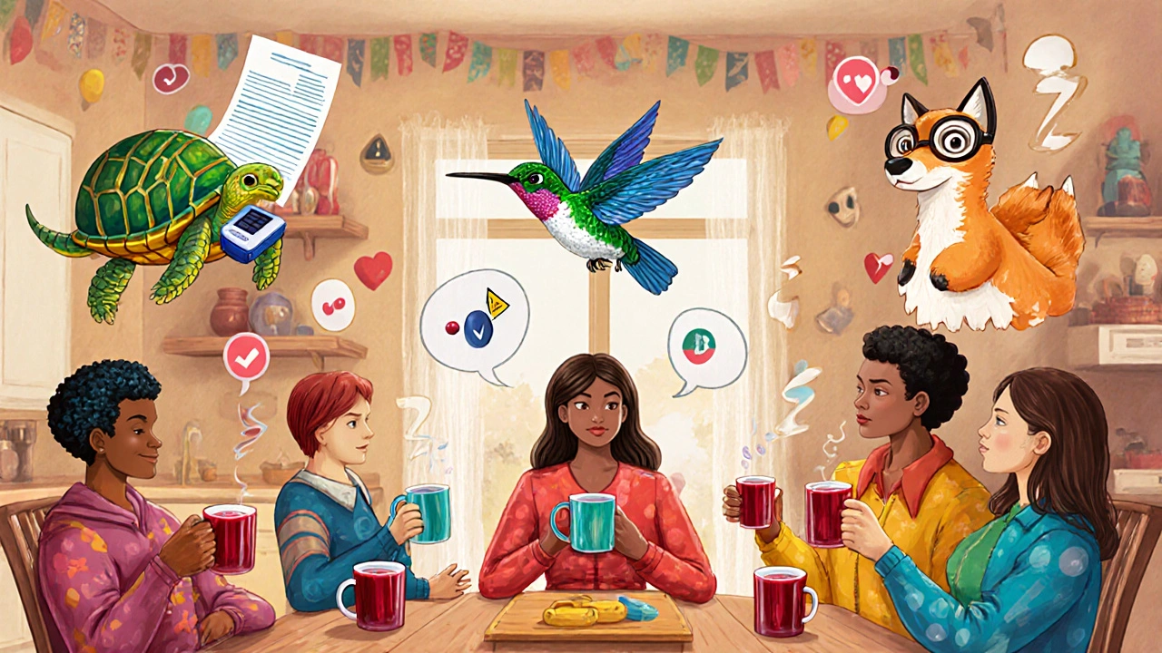 People drinking cranberry juice with whimsical spirit animals explaining drug safety in a cozy kitchen.