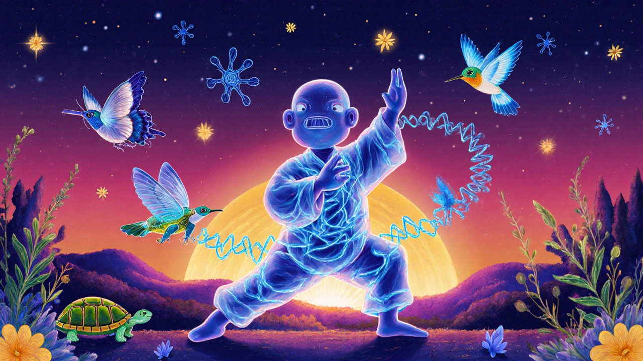 Someone doing tai chi as animal spirits and healing symbols float around them in vibrant folk art style.