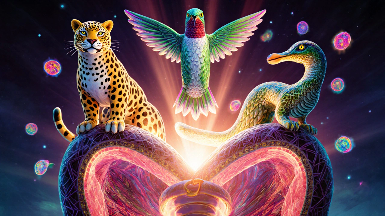 Three mystical animals using light to remove dysplasia from an esophagus in vibrant Alebrije style.