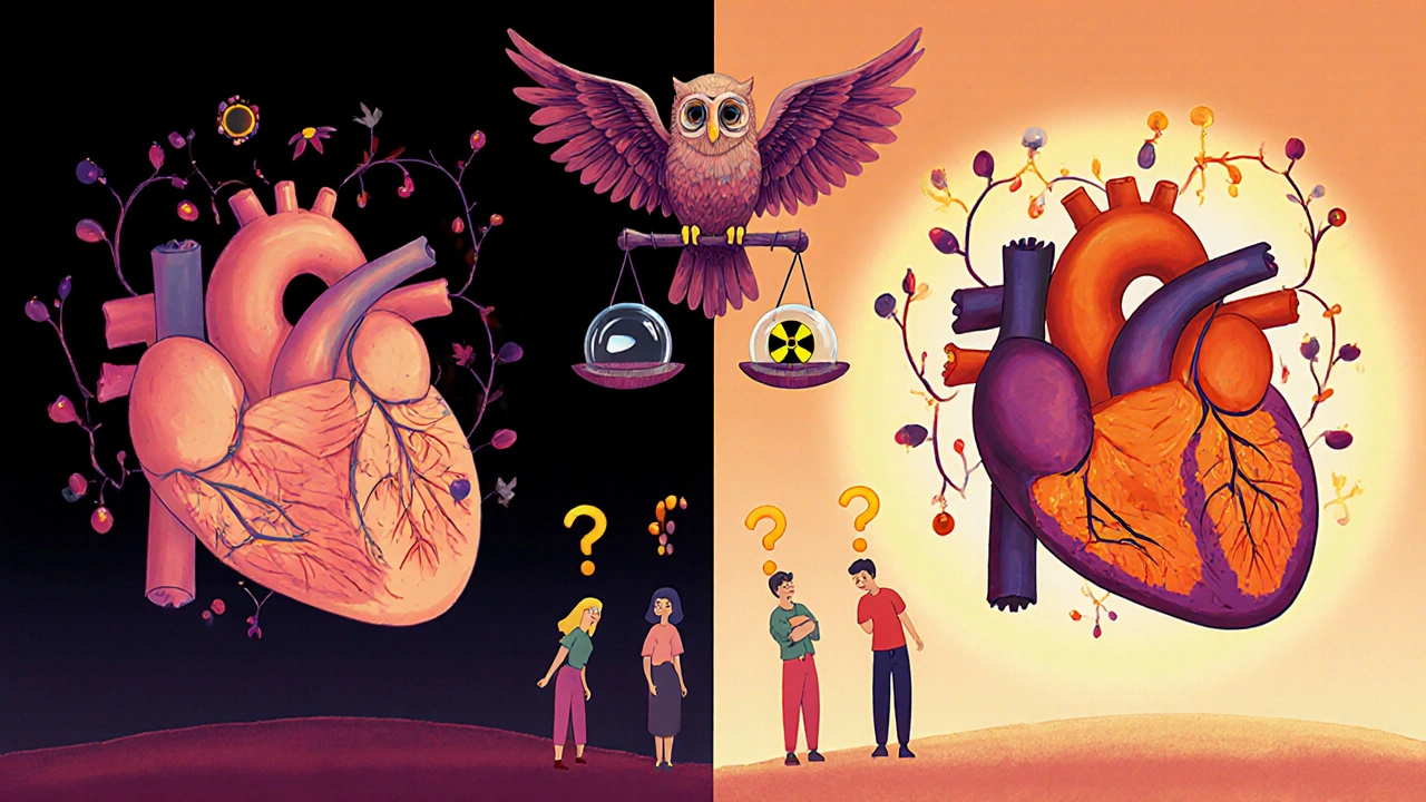 Two hearts side by side: one calm, one active, with medicinal vines and medical symbols nearby.