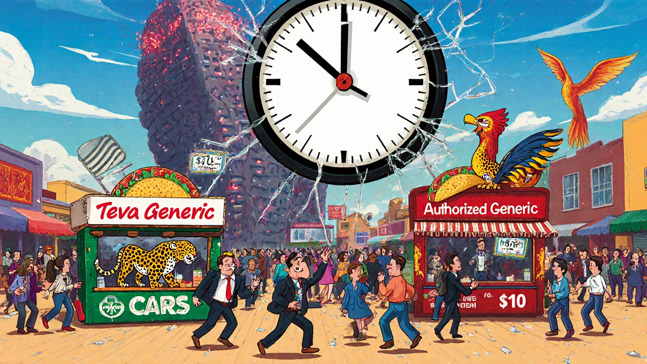 Two identical taco stands in a marketplace, one with a jaguar, the other with a phoenix, customers rushing to the branded one.