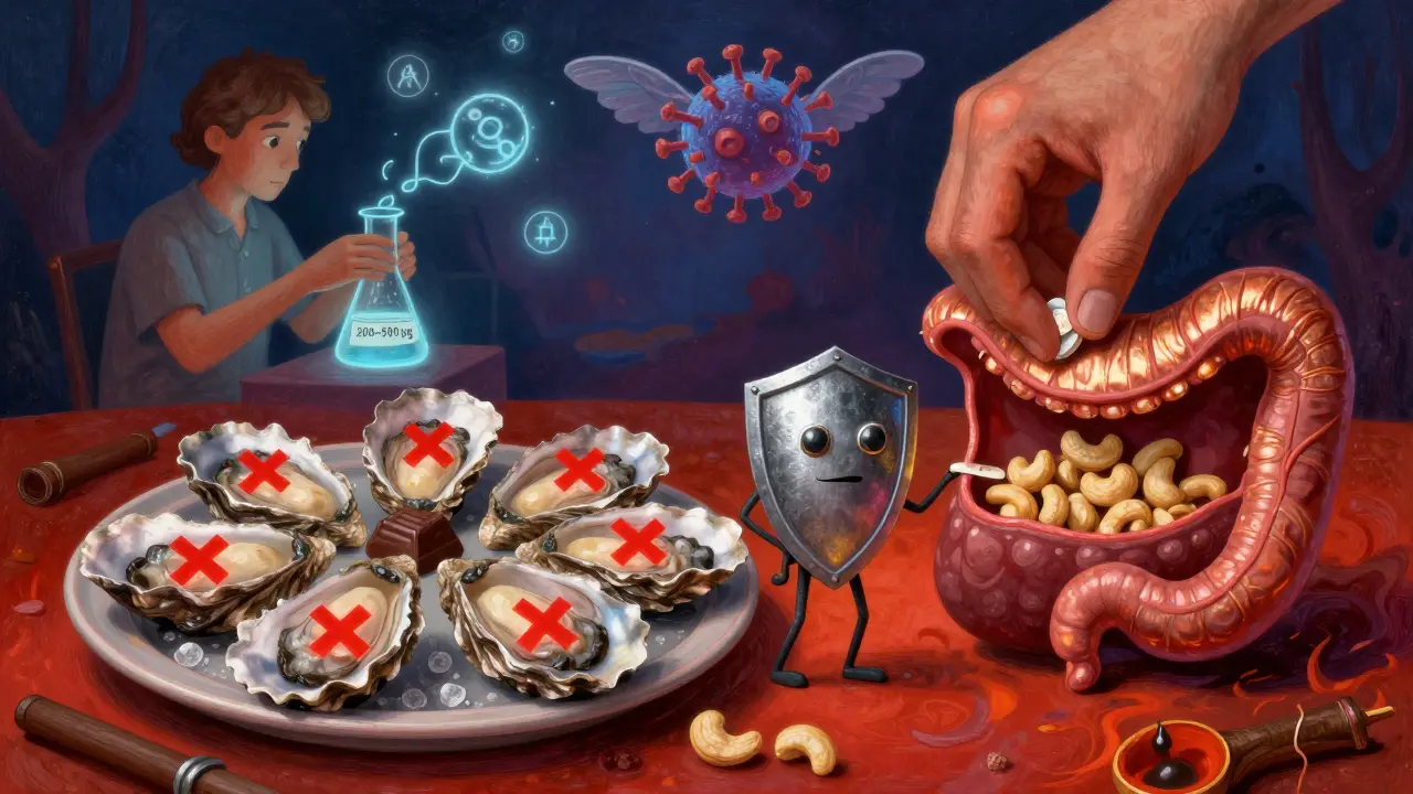 A daily Wilson’s disease routine with zinc, forbidden foods, and copper-blocking shield in Alebrije style.
