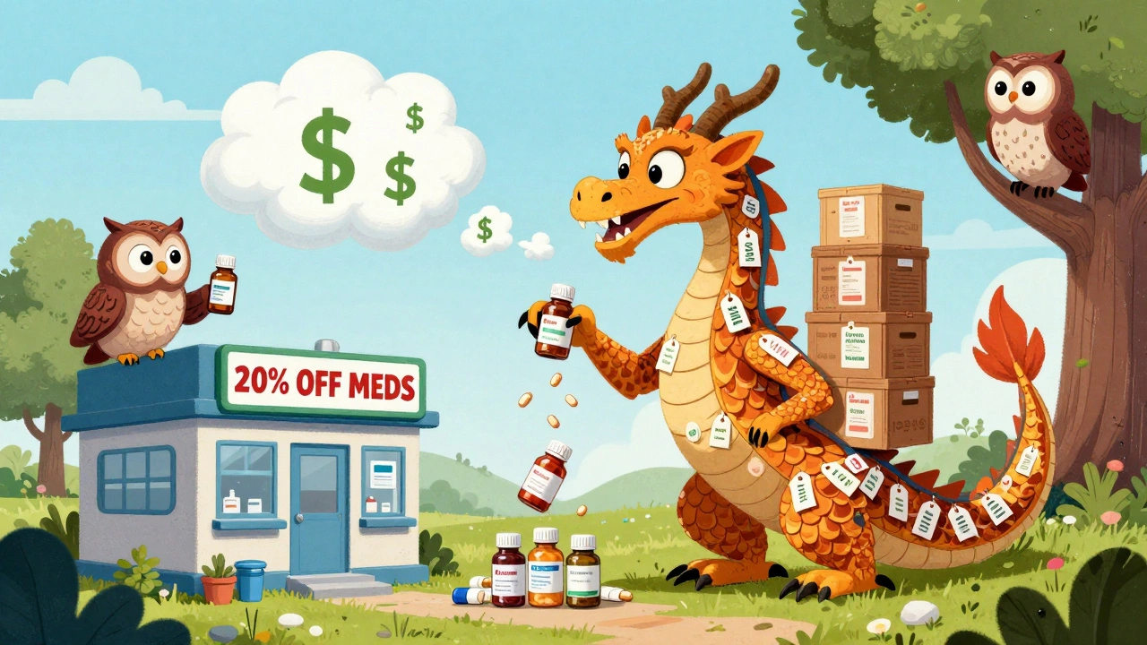 A discount dragon delivers bulk generic medications to a small clinic while a traditional wholesaler owl watches from afar.
