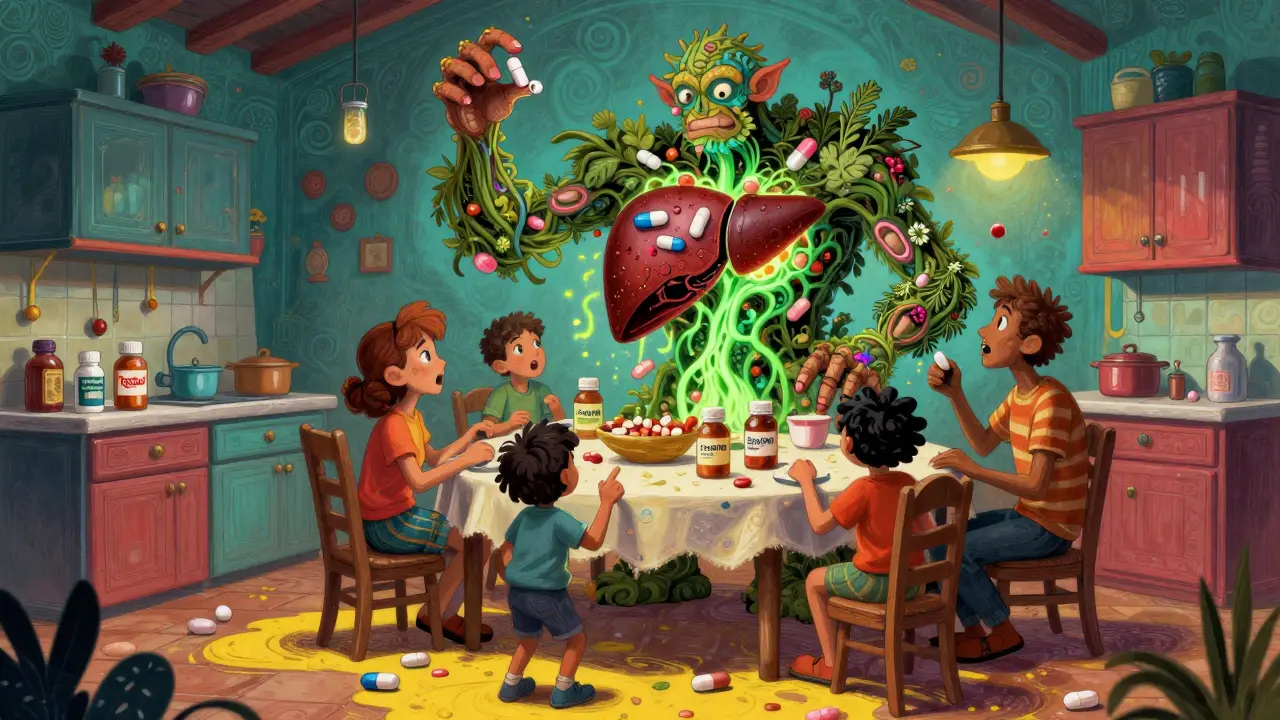 A family at a kitchen table surrounded by medicine bottles as a toxic herb-pill spirit rises from the counter.