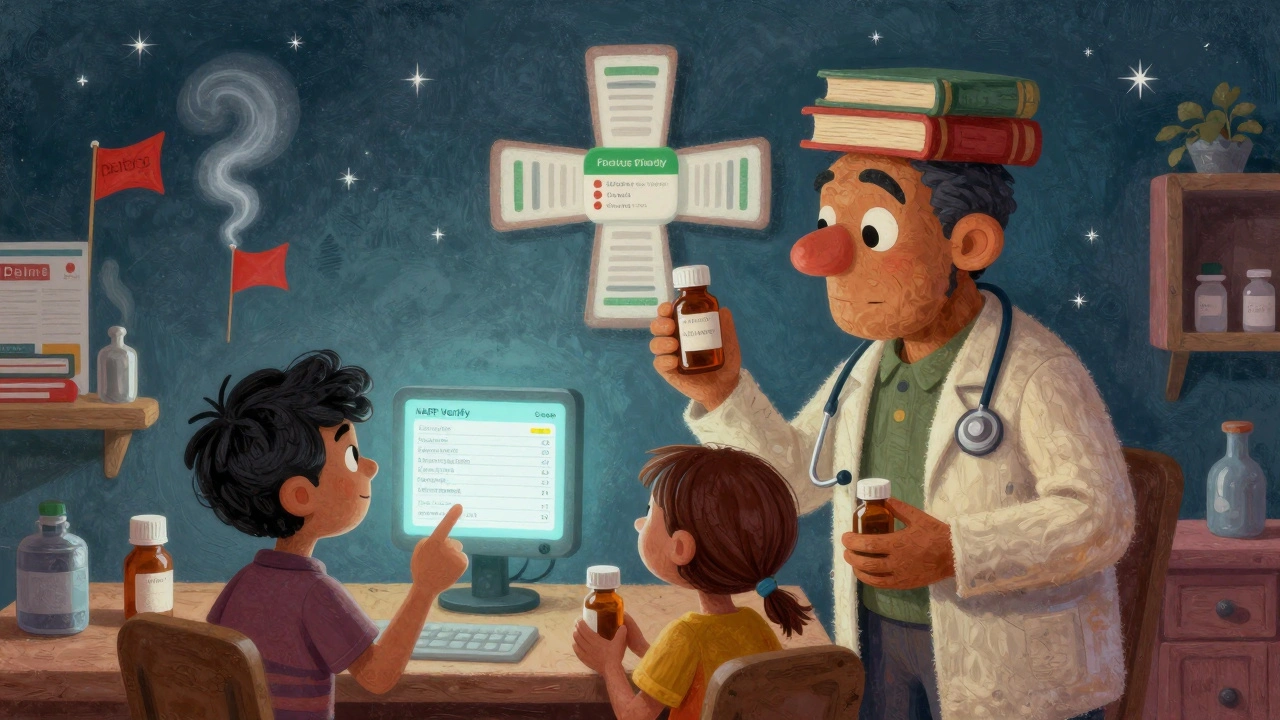A family consults a glowing NABP Verify screen as a book-and-stethoscope spirit teaches them how to spot fake pharmacies.