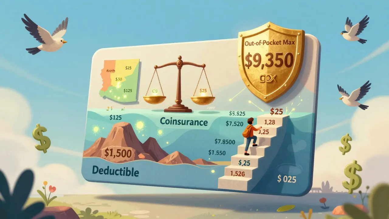 A floating insurance card with layers showing deductible, coinsurance, and out-of-pocket max, with a person climbing therapy session steps.