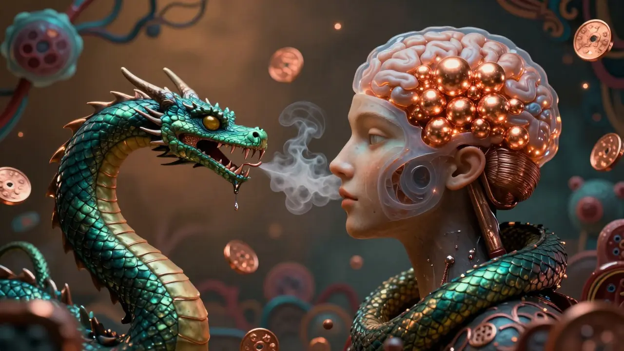 A human head with copper-filled brain, being calmed by a trientine dragon in ornate Alebrije art.
