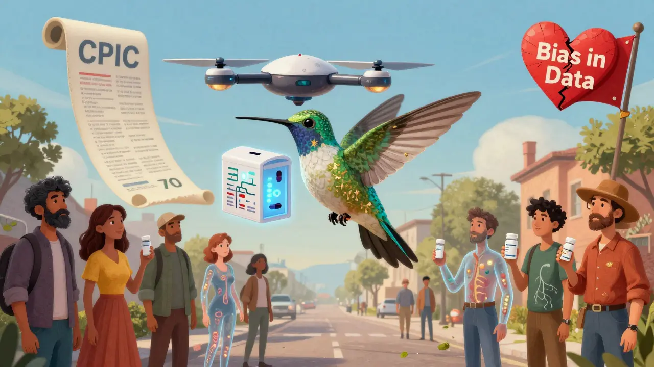 A hummingbird drone delivers a gene-mapped pillbox to people with translucent bodies showing their unique genetic markers.