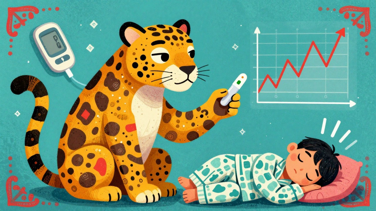 A jaguar-glucose monitor hybrid creature with sensor-fur, pointing to a rising and falling CGM graph, beside a dreaming person.