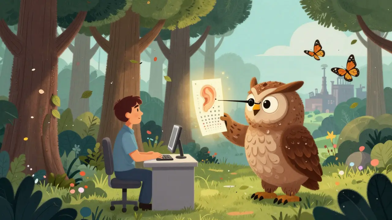 A magical forest of hearing exposure trees with an owl alebrije guiding a worker toward silence and recovery.