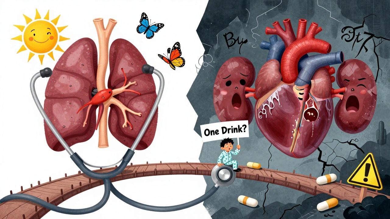 A medical stethoscope bridge between healthy and dangerous body states, with a hesitant figure on the edge.