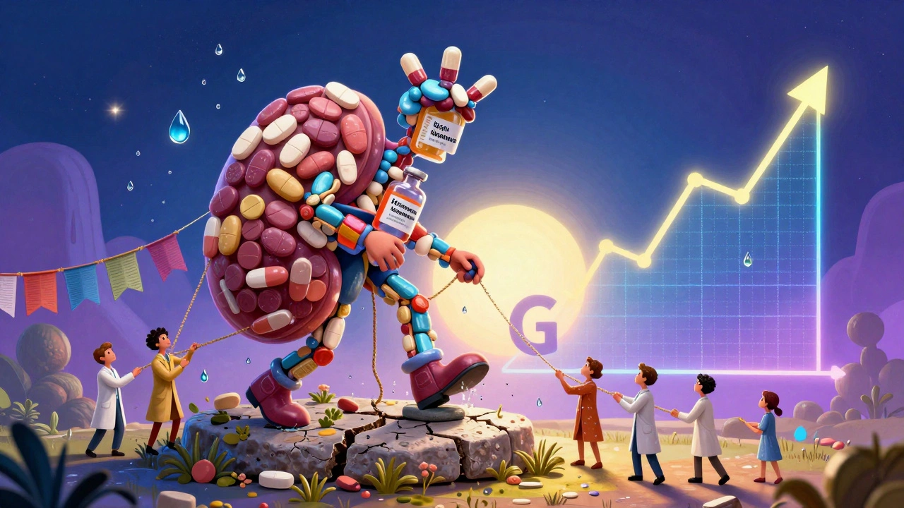 A monstrous drug figure crushing a kidney garden, with humans trying to protect it using water ropes.