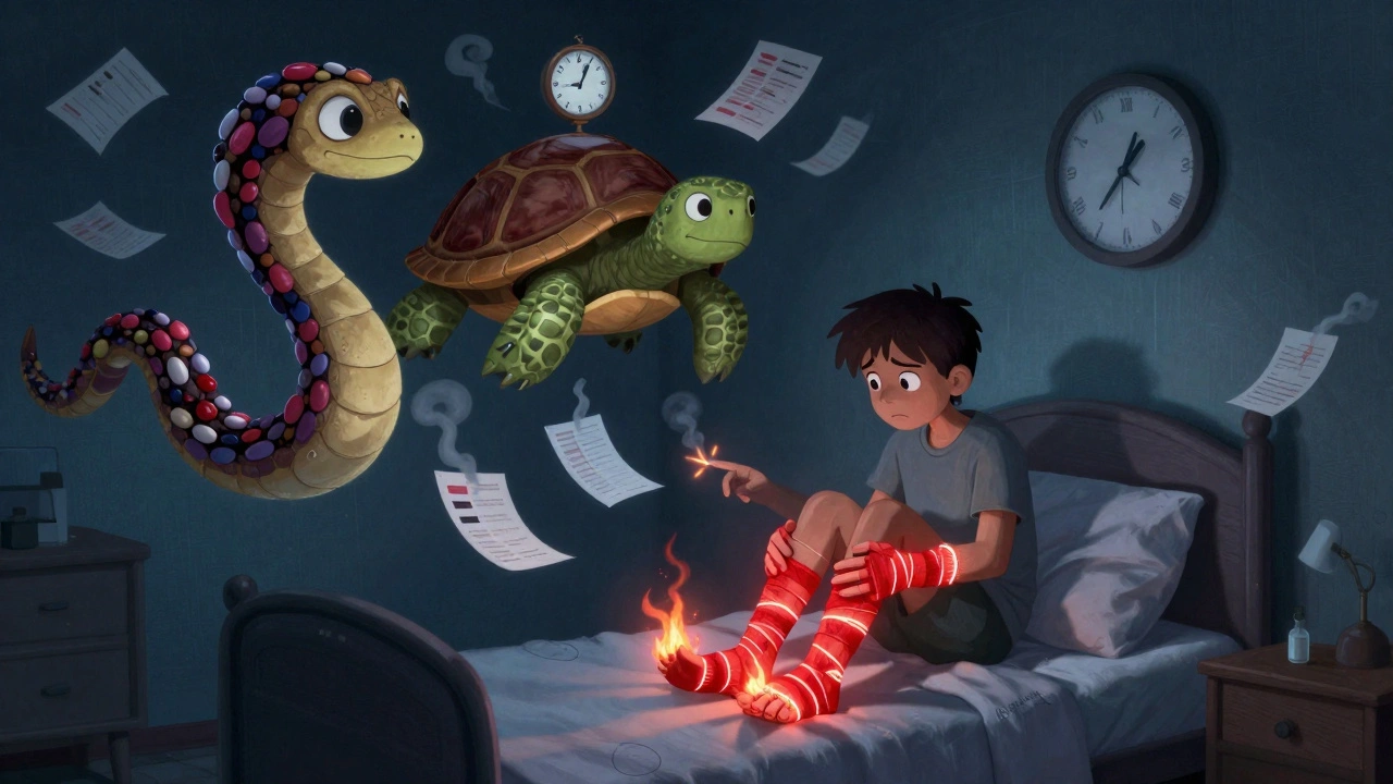 A patient at night with glowing numbness on hands and feet, surrounded by alebrije creatures symbolizing time and dosage, under a 3:17 AM clock.