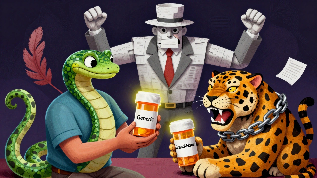 A patient choosing between two pill bottles guided by spirit animals, watched by an insurance bureaucrat.