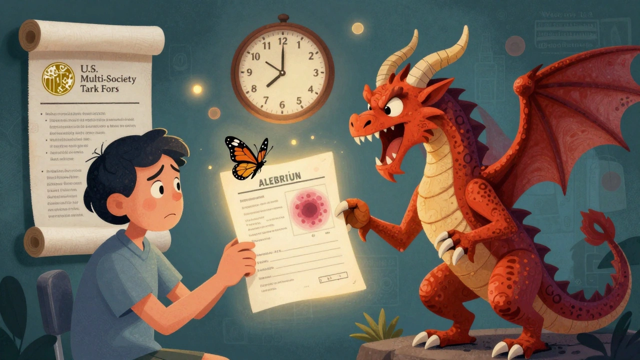 A patient holding a pathology report that transforms into a butterfly and a dragon, with medical timeline clocks floating above them.