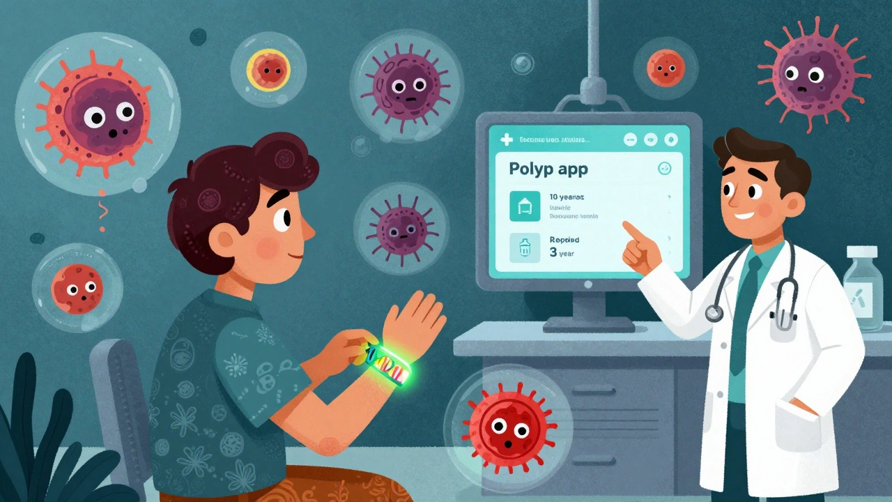 A patient wearing a glowing DNA bracelet that indicates colon cancer risk, surrounded by holographic polyps and a doctor using a digital app.