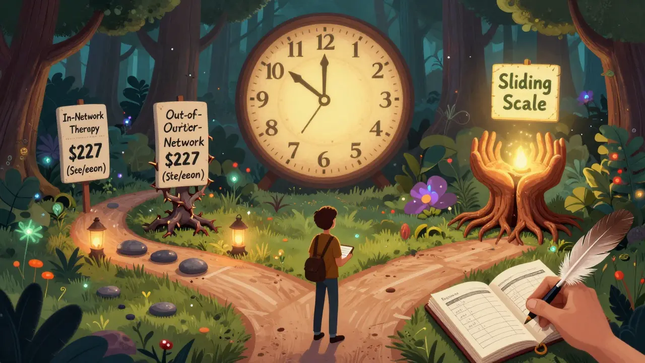 A person at a crossroads with three therapy paths, glowing with different costs, under a clock showing January as the brightest month.