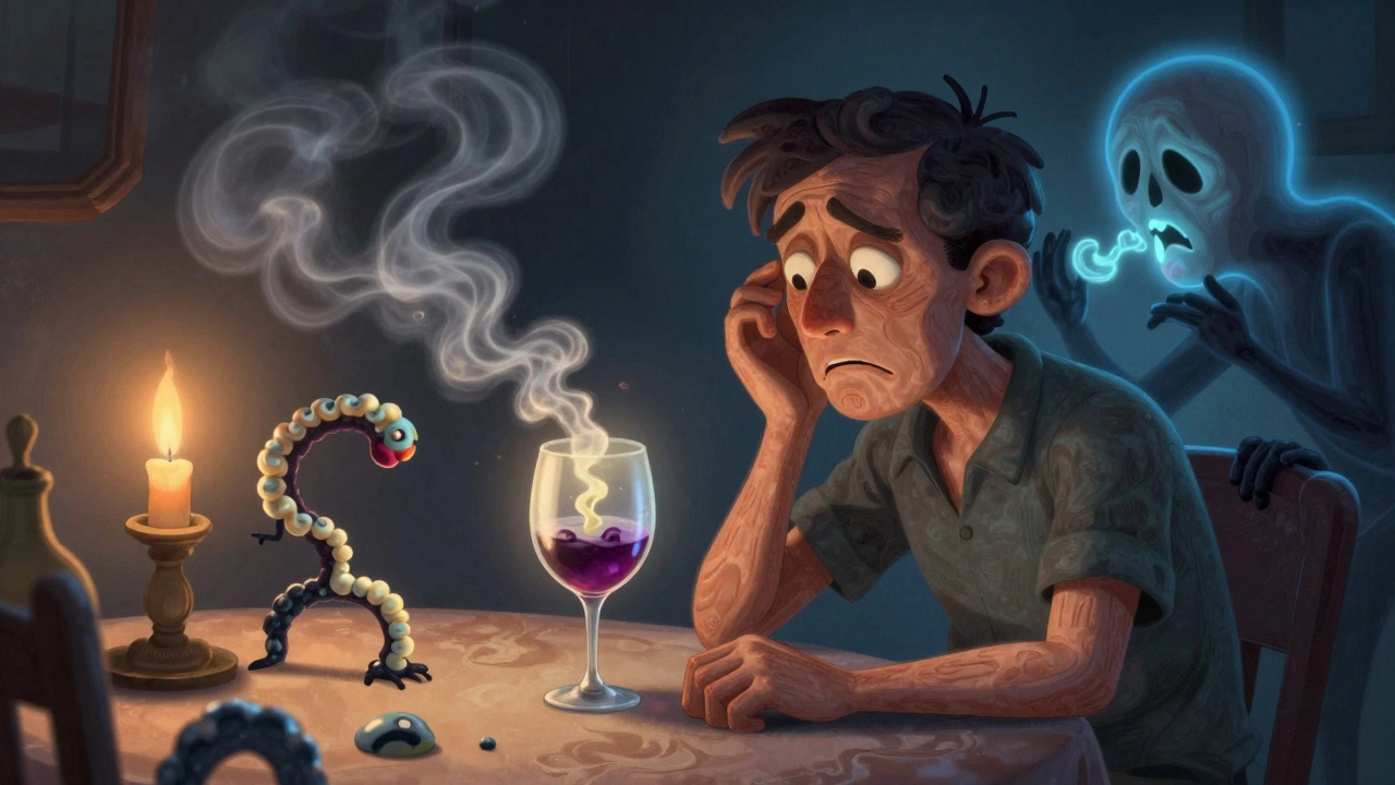 A person at dinner with alcohol-induced shadow creatures rising from a wine glass, representing lactic acidosis risk.